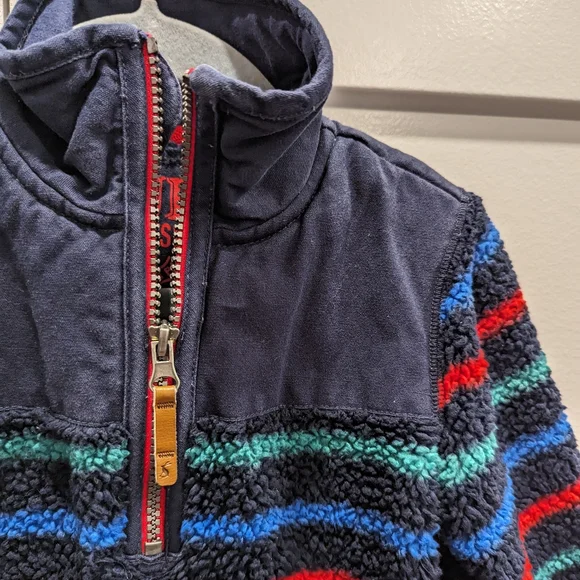 JOULES red blue striped navy fuzzy fleece quarter zip jacket